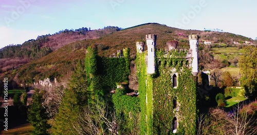 Aerial view of Las Caldas Castle in Asturias, close to Oviedo City. Priorio castle  photo