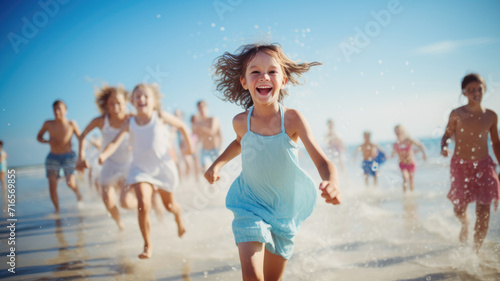 little children playing and running on beach