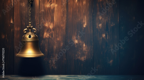 brass bell on wooden background with copyspace photo