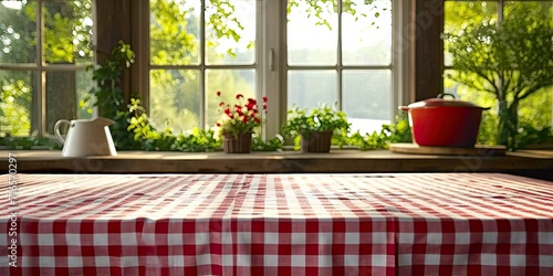 Empty tablecloth draped over table background setting of kitchen or picnic cloth atop backdrop of wooden design fabric ready for display of food space on tabletop for restaurant setting in summer photo