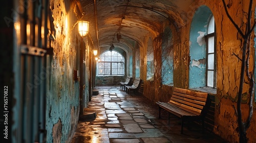a long abandoned corridor with peeling blue and yellow walls and a checkerboard floor, creating an atmosphere of mystery and forgotten history.