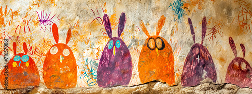 Easter, Whimsical cave painting-style illustration of colorful rabbits on a textured wall