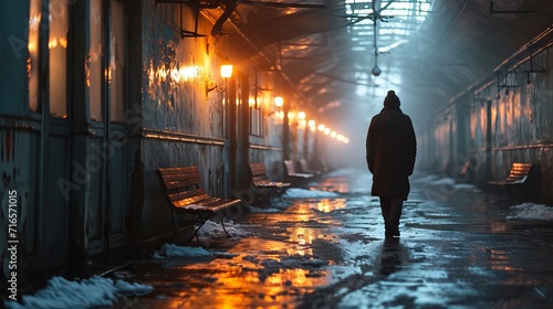 A mysterious silhouette of a man walks alone along an illuminated row of street lamps on a winter evening, reflected in the puddles on the wet sidewalk.