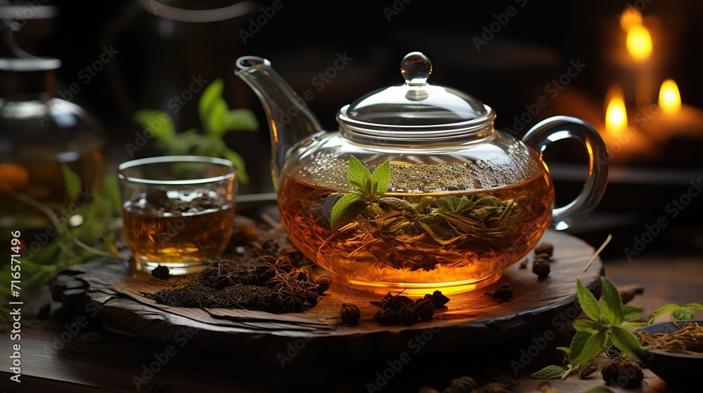 Composition with teapot with tea. Tea concept. Created with Generative AI
