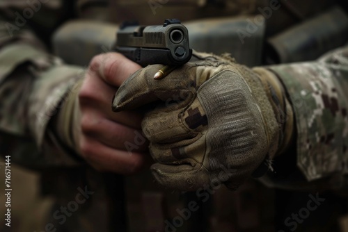 close-up of a person in military attire holding a handgun