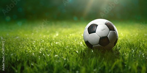 A white and black spot football on the grass with bokeh sunlight background A soccer ball on the grass with a blurry background of trees Ai Generative