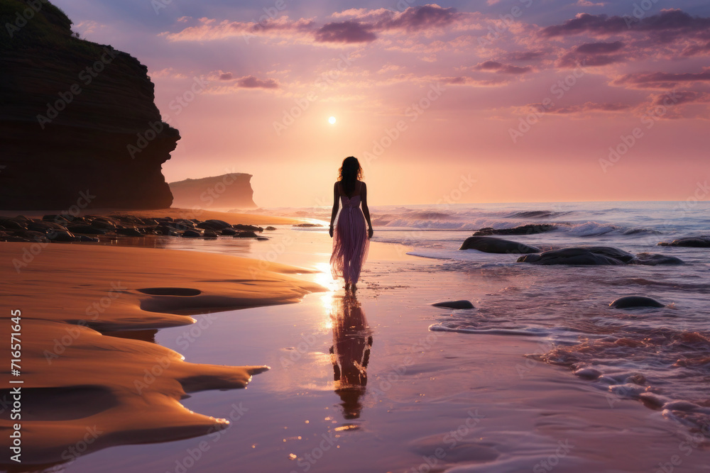 Woman walking along the shoreline of a beautiful, tranquil, secluded beach. Solitude and deep thoughts.