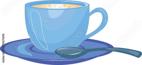 Blue coffee cup with saucer and spoon, hot beverage with steam. Cozy morning coffee break vector illustration.