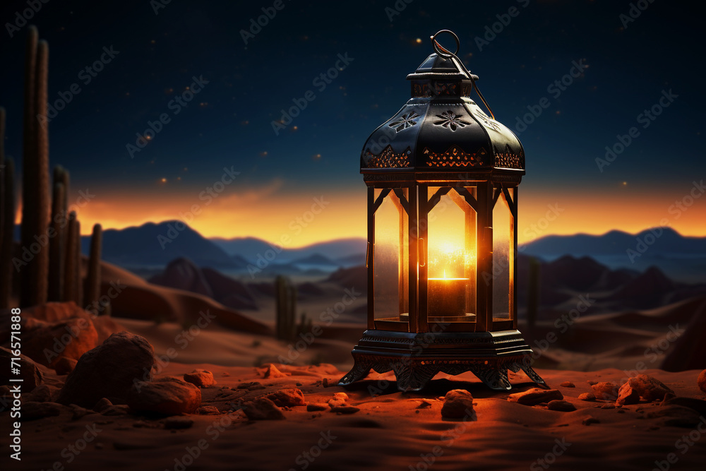 A Ramadan lantern in the dark with the light, Generative Ai A Ramadan lantern in the dark with the light, Generative Ai