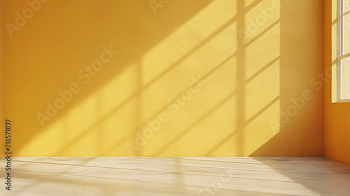Empty room with minimalist yellow wall background with sun shadow for product presentation