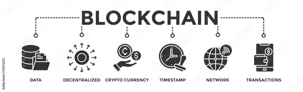 Blockchain banner web icon vector illustration concept with icon of data, decentralized, crypto currency, timestamp, network and transactions Blockchain banner web icon vector illustration concept with icon of data, decentralized, crypto currency, timestamp, network and transactions