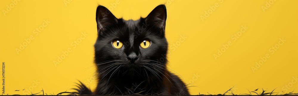 Illustrative graphic black cat on a yellow background. Copy space banner
