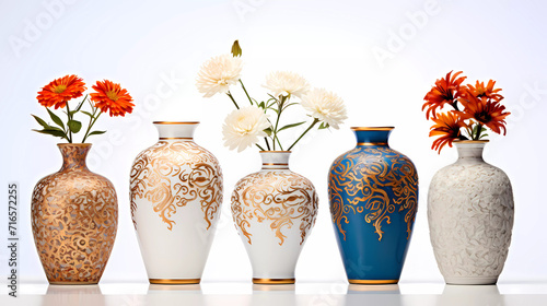 A flower on the right; art photography, a stock photo, Carlos Trillo Name, adobe photoshop’a group of four vases sitting next to each other on a white surface with a white background and a white backg photo