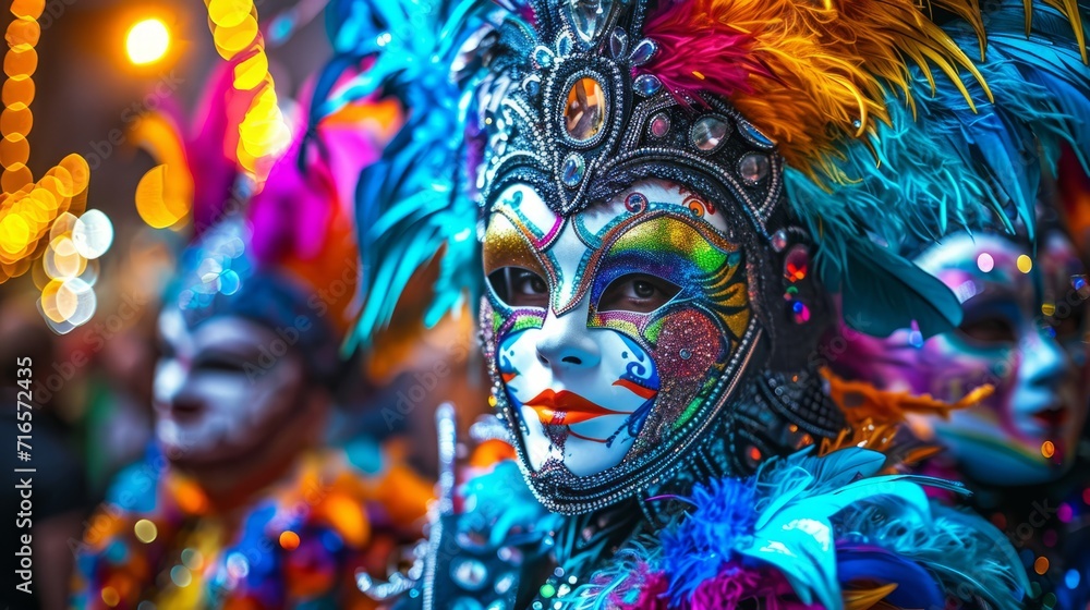 Group of People Wearing Colorful Masks and Feathers at Festive Gathering