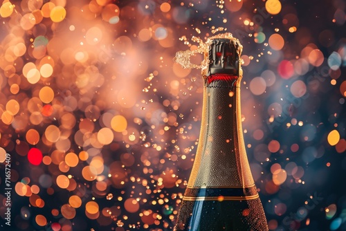 champagne bottle with its cork popped and champagne bubbles overflowing photo