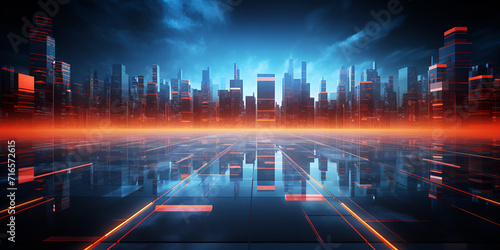 Cityscape at night technology background with modern building and city Digital futuristic night city illustration building future street urban technology blue background AI Generative