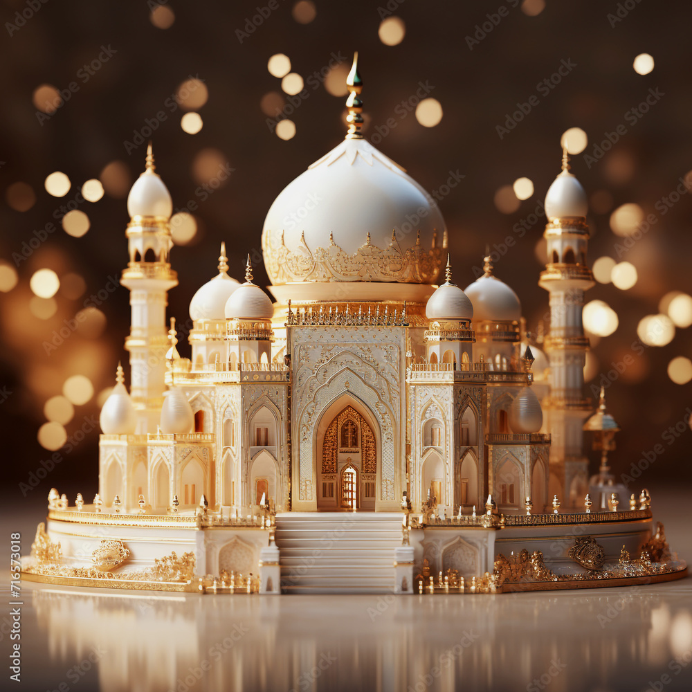 A white marvel miniature model of a mosque sits in front