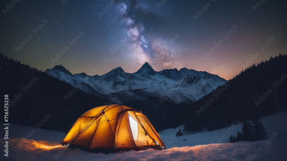 Beautiful winter nature landscape under the shining stars of the milky way night sky with snowy mountains in the background. A pitched tent, Camping in the snowy mountains on a Expedition