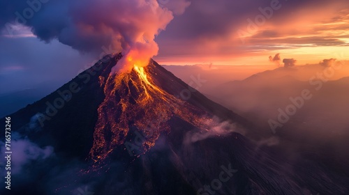 The volcano erupts in the evening