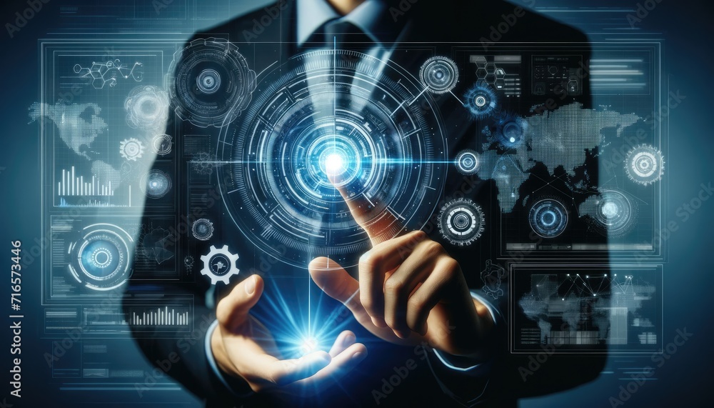 A businessman touches a high-tech holographic interface displaying gears and data analytics, symbolizing modern business solutions. A businessman touches a high-tech holographic interface displaying gears and data analytics, symbolizing modern business solutions.