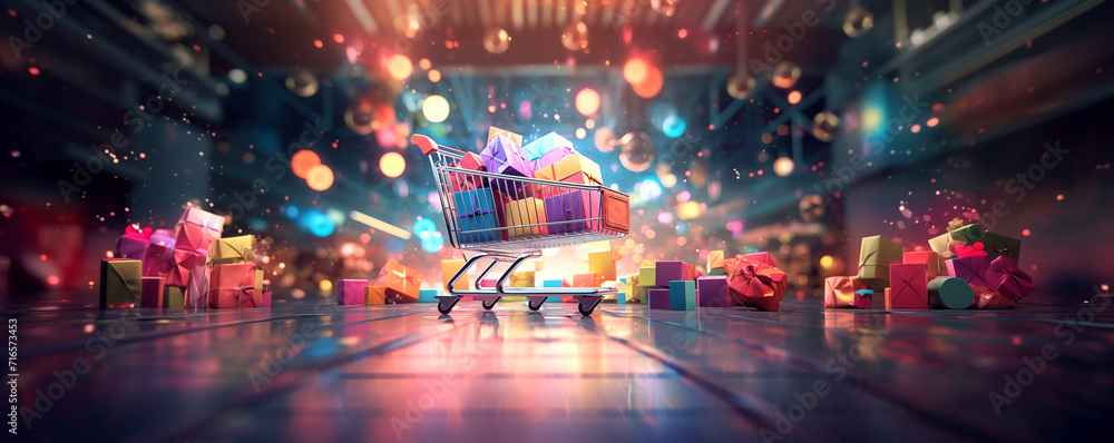 Fototapeta premium Shopping cart filled with a pile of colorful gifts inside a mall