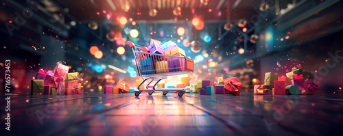 Shopping cart filled with a pile of colorful gifts inside a mall © Zedx