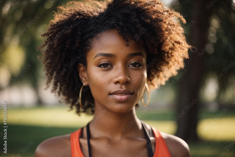 Close-up of young black woman in sunlit park background Close-up of young black woman in sunlit park background
