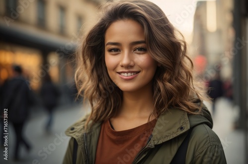 Portrait of handsome young woman with long hairs in autumn street background. AI generated