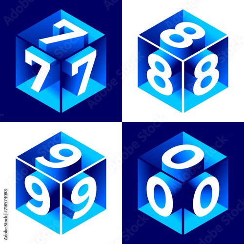 Isometric alphabet. 3d bold uppercase latin letters and numbers, geometric futuristic typography, cubic straight block english font different angles, simple abc isometry collection vector isolated set photo