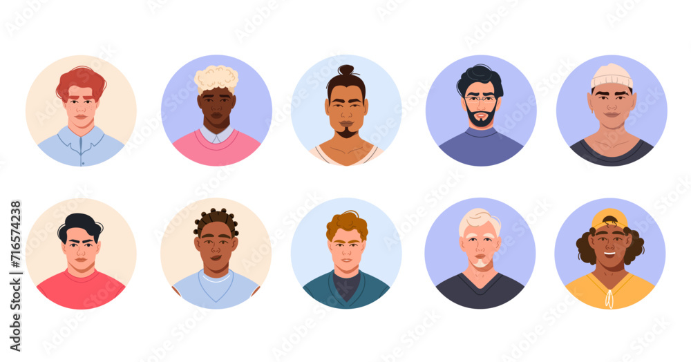 A set of avatars of modern stylish men of different nationalities in circles. A collection of portraits, faces, and icons of male characters. Vector graphic set of user profiles in the flat style A set of avatars of modern stylish men of different nationalities in circles. A collection of portraits, faces, and icons of male characters. Vector graphic set of user profiles in the flat style