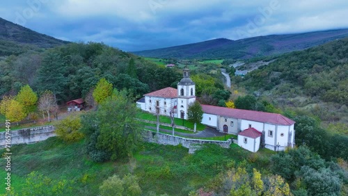Landscape from the Sanctuary of Our Lady of Cantonad in the town of Vivanco de Mena. Aerial view from a drone. Mena Valley. Las Merindades region. Province of Burgos. Spain. Europe photo