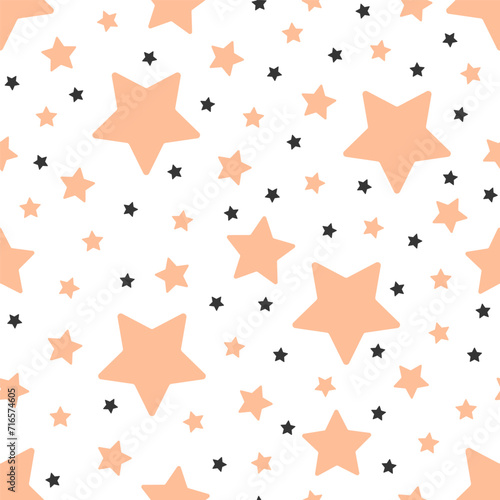 Vector seamless pattern with peach and black stars of different sizes on a white background. Simple cute pattern. Ideal for textiles, fabrics, packaging, wrapping paper and more