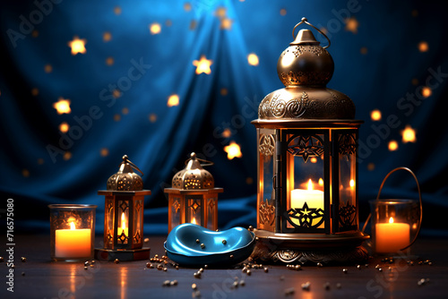A Ramadan lantern in the dark with the light, Generative Ai