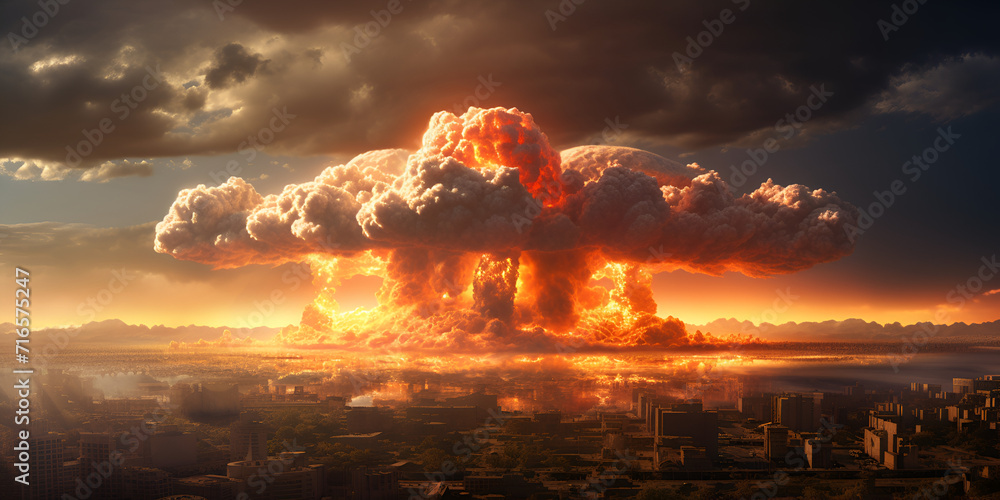 Mushroom cloud over city after nuclear bomb explosion during atomic war Nuclear explosion in a outside of city Nuclear explosion atomic mushroom Ai Generative