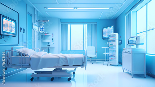 A hospital room with a bed and a monitor in it's center and a light blue background with a white light