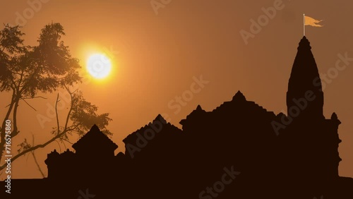 TimeLapse of Trees Swaying as Sun Rises Behind Ayodhya's Ram Mandir, India. photo