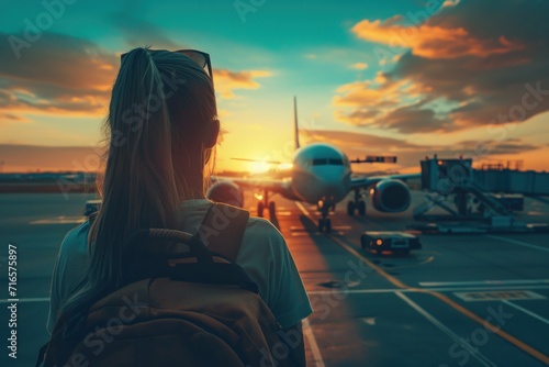 A woman on her back about to board a plane at an airport, looking towards the terminal where the plane is about to take off, the sun is located behind the plane with blue orange glow  photo