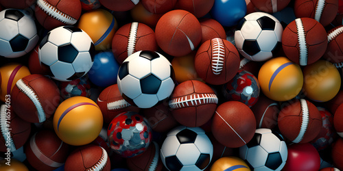 Sports equipment and balls on a black background All sports ballsphoto stock A large collection of sports equipment including a football  soccer  football  and sports Ai Generative