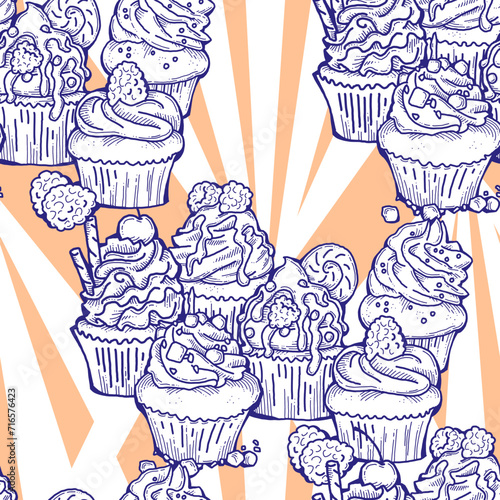 Tasty sweet cupcake dessert decorative seamless vector pattern for textile design  fabric print  digital or wrapping  wall paper  background and backdrop  bakery shop decoration  cafe  restaurant menu
