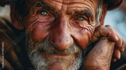 A close-up portrait of a seasoned farmer, their hands weathered from years of toil, with a gentle smile and eyes reflecting the wisdom of the land,