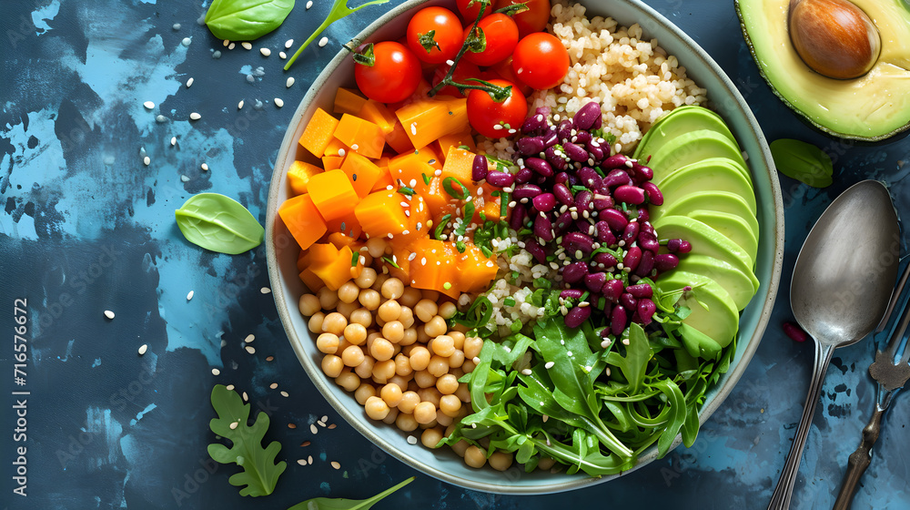 A colorful and nutritious Buddha bowl with grains, vegetables, and protein A colorful and nutritious Buddha bowl with grains, vegetables, and protein