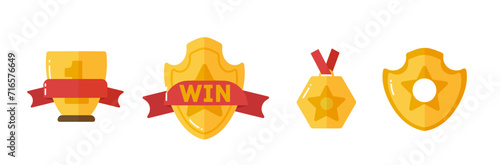 Award for winners. Set of gold awards icons of success and victory with trophies, stars, cups, ribbons, medals. Gold cups, medals and other sports trophies for winners in flat vector design.