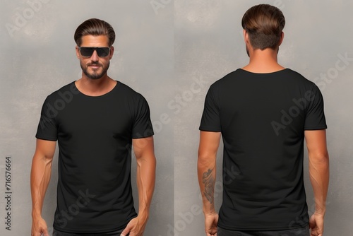Modern plain black t-shirt mockup template in photo studio setting with male model - front and back views, stylish apparel mockup for fashion brand presentation