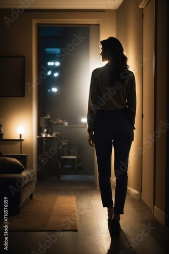 Woman Walking Down Hallway in House. Generative AI.