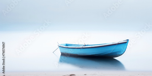 Blue boat in a calm sea waters near a beachline. Calm  tranquil landscape. Generative AI