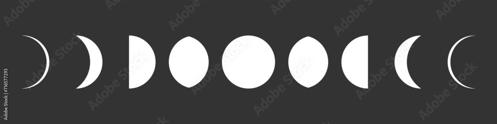 Moon phases graphic icons. Different lunar phase isolated signs on black background. Vector illustration