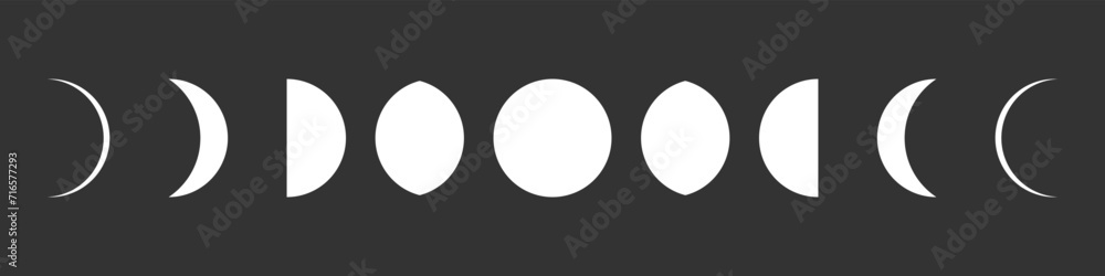 Moon phases graphic icons. Different lunar phase isolated signs on black background. Vector illustration Moon phases graphic icons. Different lunar phase isolated signs on black background. Vector illustration