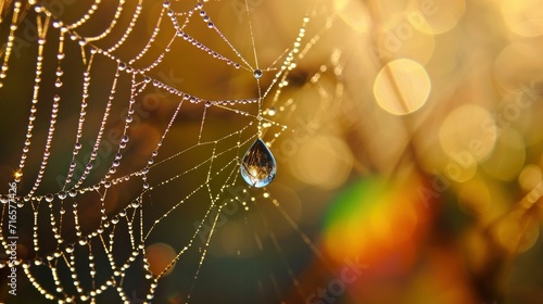 A dewdrop clinging to a spiderweb, refracting the morning light into a miniature rainbow,