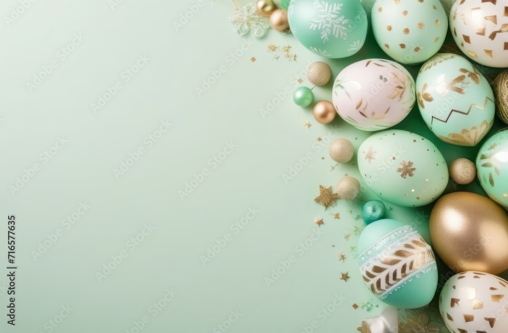 Flatlay of ornate pastel green gold Easter eggs from a top-down perspective, allowing for customization in the copy space. Flatlay of ornate pastel green gold Easter eggs from a top-down perspective, allowing for customization in the copy space.