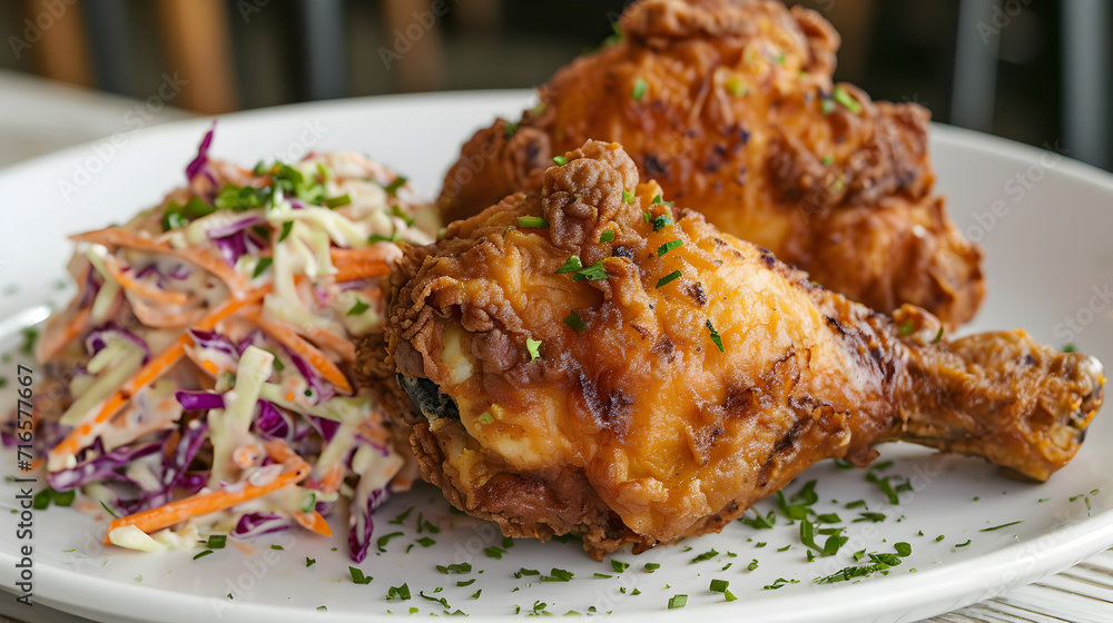 Crispy golden fried chicken with a side of coleslaw Crispy golden fried chicken with a side of coleslaw